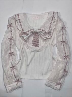 Official Liz Lisa Long-Sleeve Scalloped Ribbon Collar Ribbed Top